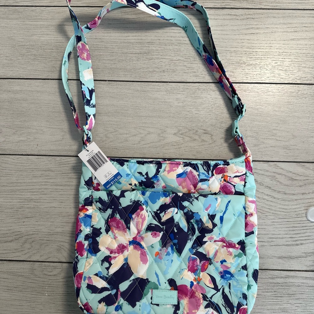 Vera Bradley Blue and Pink XL Crossbody Bag with Floral Design